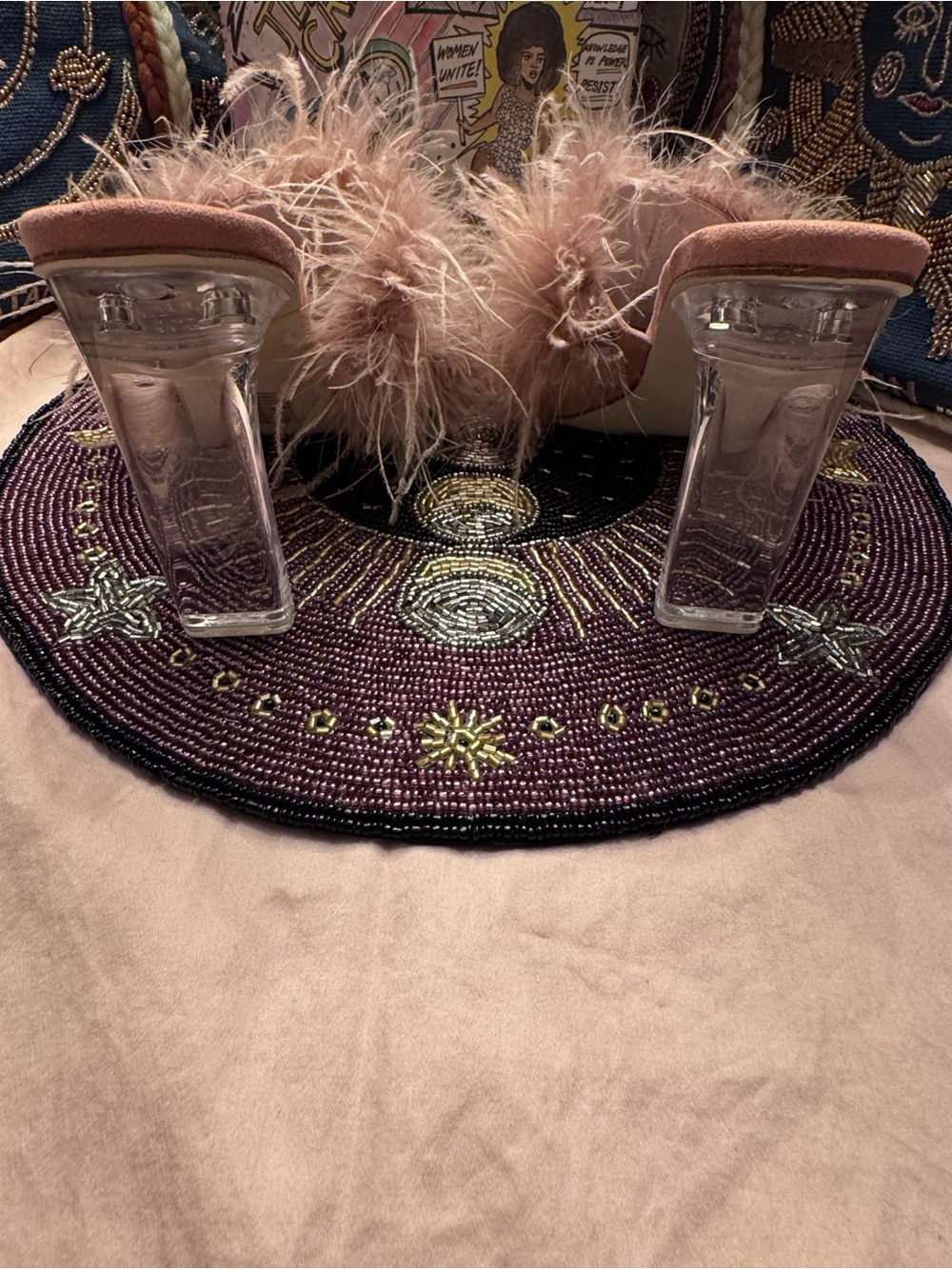 Jeffrey Campbell Daisy Feather and suede mules with lucite heel - Picture 3 of 7